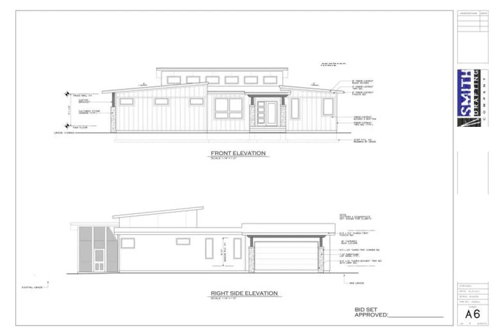 Drawing sheet showing the front and right side elevations of a single-story home.