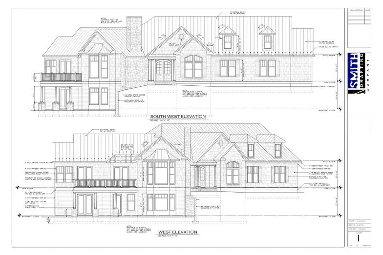 Drawing sheet showing two elevations of a large two-story home.
