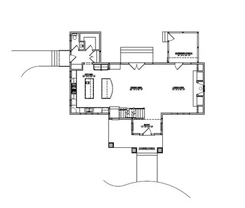 Floor plan drawing in black linework showing rooms, walls, doors, and a stair.