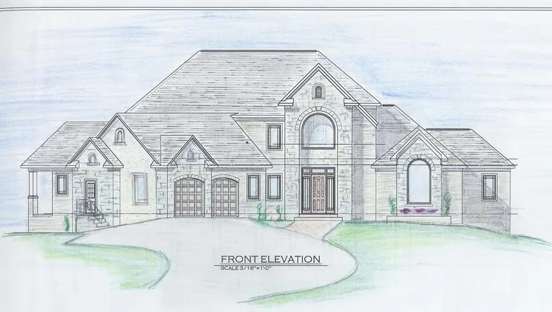 Colored-pencil front elevation sketch of a large two-story home with stone and a two-car garage.